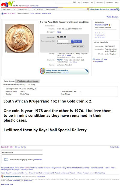 stmarystramp eBay Listing Using our 1974 One Ounce Gold Krugerrand Obverse Image